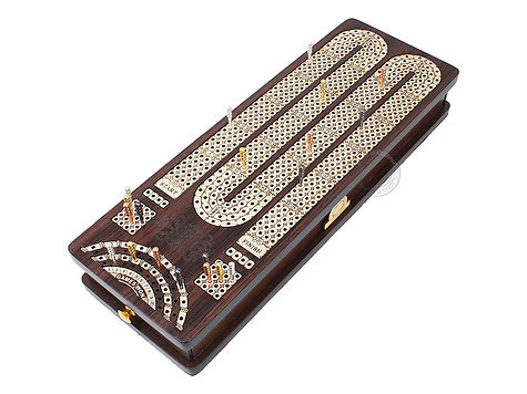 Continuous Cribbage Board Rosewood / Maple and Side Drawers : 4 Tracks with skunks, corners and place to mark won games