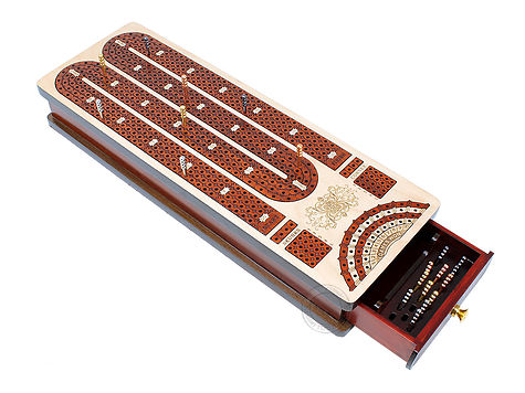 4 Track Continuous Cribbage Board Inlaid in Bloodwood - Single Storage Drawer for Cribbage Pegs and Playing Cards with Score Marking Fields for Skunks, Corners and Won Games