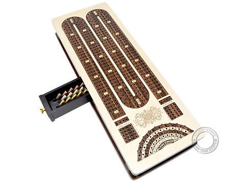 Continuous Cribbage Board / Box inlaid in Maple / Rosewood : 4 Track - Sliding Lid with Score marking fields for Skunks, Corners and Won Games