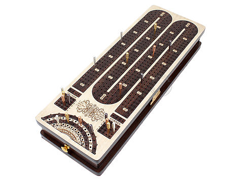 Continuous Cribbage Board Maple / Rosewood and Side Drawers : 4 Tracks with skunks, corners and place to mark won games