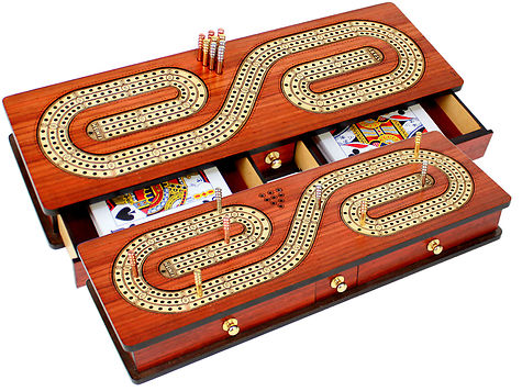 Continuous Cribbage Board inlaid with Bloodwood / Maple : Alphabet S Shape Inlaid 3 Tracks with Drawer Storage