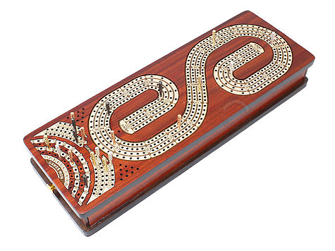 Continuous Cribbage Board Alphabet S Shape 4 Tracks - 2 Side Drawers with Skunks, Corners and Score Marking Fields - Blood Wood / White Maple
