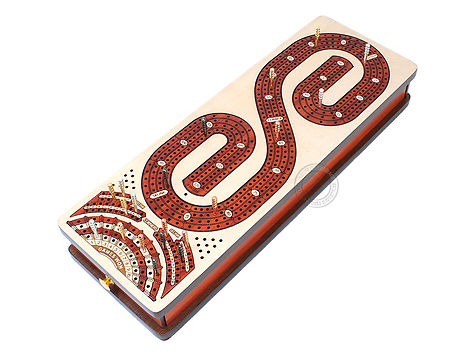 Continuous Cribbage Board Alphabet S Shape 4 Tracks - 2 Side Drawers with Skunks, Corners and Score Marking Fields - White Maple / Blood Wood