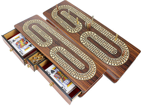 Continuous Cribbage Board Rosewood : Alphabet C Shape Inlaid Maple 3 Tracks with Drawer Storage