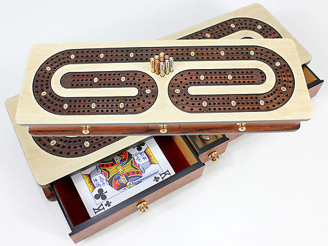 Continuous Cribbage Board Maple : Alphabet C Shape Inlaid Rosewood 3 Tracks with Drawer Storage