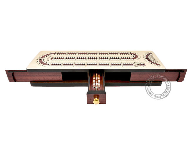 Sliding Lid & Drawer Storage 3 Track Continuous Cribbage Board Rosewood/Maple