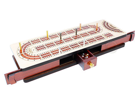 Continuous Cribbage Board Alphabet e Shape inlaid in Maple Wood / Bloodwood - 4 Tracks - Sliding Lid with Score marking fields for Won Games