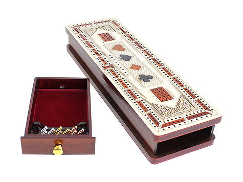 3 Track Continuous Cribbage Board in Maple and Bloodwood - Inlaid Card Symbols (Suits) + Storage Drawer for Cribbage Pegs & Cards