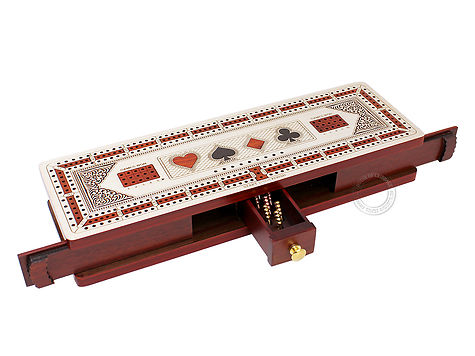 3 Track Continuous Cribbage Board Maple/Bloodwood - Inlaid Card Symbols (Suits) - Sliding Lid storage for cards and Drawer for Cribbage Pegs