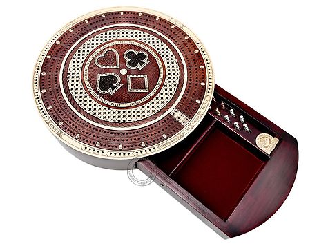 10" Round Shape 3 Track Continuous Cribbage Board Maple/Bloodwood - Push Drawer with Score marking fields for Skunks, Corners & Won Games