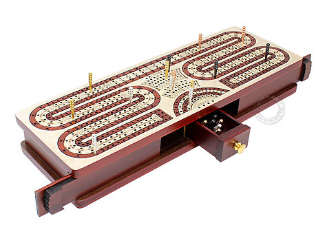 Continuous Cribbage Board Twist Design 4 Tracks - Sliding Lid and Drawer with Skunks, Corners and Score Marking Fields - Maple / Bloodwood / Maple