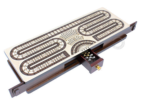Continuous Cribbage Board Twist Design 4 Tracks - Sliding Lid and Drawer with Skunks, Corners and Score Marking Fields - Maple / Rosewood / Maple