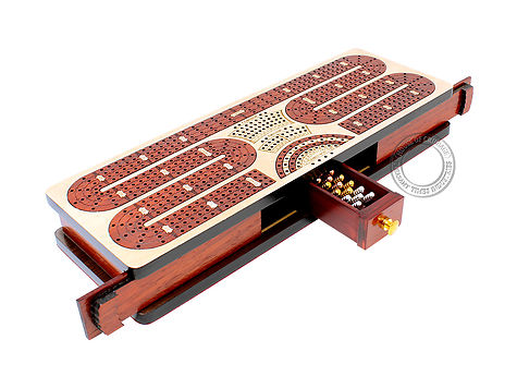 Continuous Cribbage Board Twist Design 4 Tracks - Sliding Lid and Drawer with Skunks, Corners and Score Marking Fields - Maple / Bloodwood