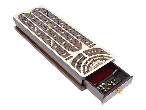 Continuous Cribbage Board inlaid Alphabet M Shape 4 Tracks in White Maple / Rosewood with Skunks, Corners and Score Marking Fields - Drawer Storage for Pegs & Cards
