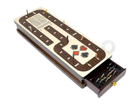Continuous Cribbage Board Hook Design 4 Tracks - Drawer Storage for Cards and Pegs with Skunks, Corners and Score Marking Fields - Maple / Rosewood