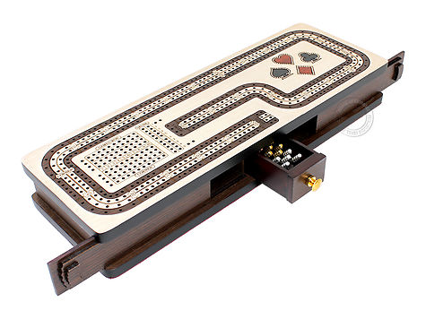 Continuous Cribbage Board Hook Design 4 Tracks - Sliding Lid and Drawer with Skunks, Corners and Score Marking Fields - Maple / Rosewood / Maple