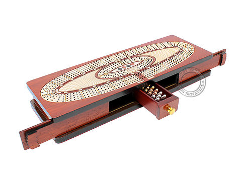 Continuous Cribbage Board Oval Shape 4 Tracks - Sliding Lid and Drawer with Skunks, Corners and Score Marking Fields - Bloodwood / Maple