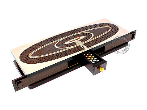Continuous Cribbage Board Oval Shape 4 Tracks - Sliding Lid and Drawer with Skunks, Corners and Score Marking Fields - Maple / Wenge Wood
