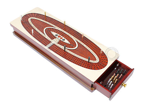 Continuous Cribbage Board Oval Shape 4 Tracks - Drawer Storage for Cards and Pegs with Skunks, Corners and Score Marking Fields - Maple / Blood Wood