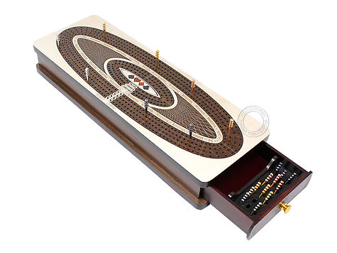 Continuous Cribbage Board Oval Shape 4 Tracks - Drawer Storage for Cards and Pegs with Skunks, Corners and Score Marking Fields - Maple / Rosewood