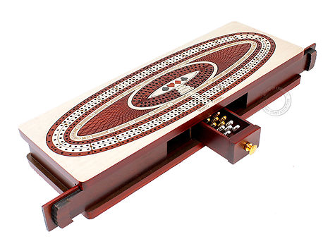 Continuous Cribbage Board Oval Shape 4 Tracks - Sliding Lid and Drawer with Skunks, Corners and Score Marking Fields - Maple / Bloodwood / Maple