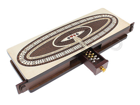 Continuous Cribbage Board Oval Shape 4 Tracks - Sliding Lid and Drawer with Skunks, Corners and Score Marking Fields - Maple / Rosewood / Maple