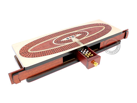 Continuous Cribbage Board Oval Shape 4 Tracks - Sliding Lid and Drawer with Skunks, Corners and Score Marking Fields - Maple / Bloodwood