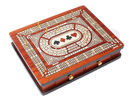Playing Cards Symbol Inlaid 3 Tracks Continuous Cribbage Board with Drawer Storage and Score Marking Fields for Skunks, Corners & Won Games - Bloodwood / Maple