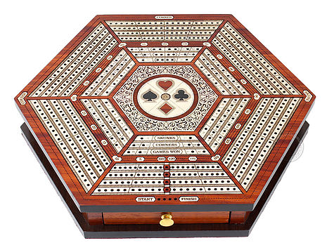 Hexagonal Cribbage Board Continuous 4 Tracks with Drawer Storage and Skunks, Corners and Score Marking Fields - Blood Wood / White Maple