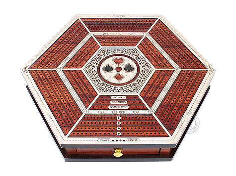 Hexagonal Cribbage Board Continuous 4 Tracks with Drawer Storage and Skunks, Corners and Score Marking Fields - White Maple / Blood Wood