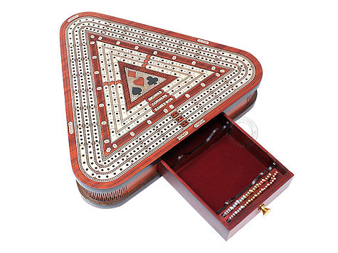 Triangle Cribbage Board Continuous 3 Tracks with Drawer Storage and Skunks, Corners and Score Marking Fields - Blood Wood / White Maple