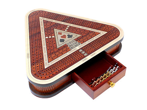 Triangle Cribbage Board Continuous 3 Tracks with Drawer Storage and Skunks, Corners and Score Marking Fields - White Maple / Blood Wood
