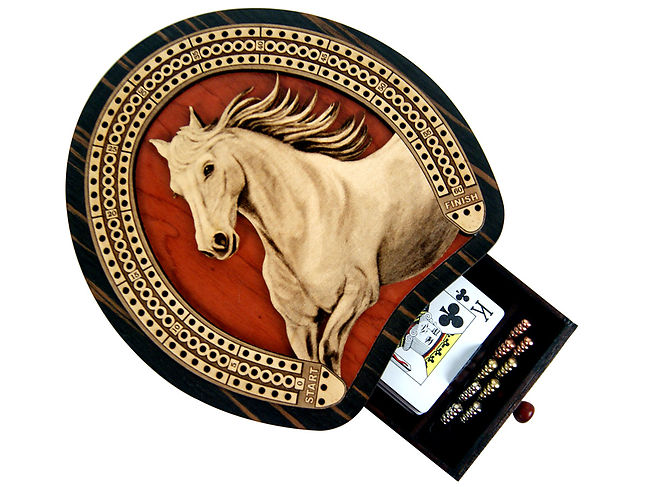 Horse Figure Inlaid Cribbage Board Horse Shoe Design Bloodwood