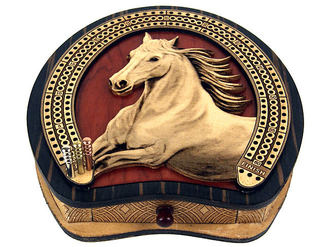 Horse Figure Inlaid Cribbage Board Horse Shoe Design Bloodwood