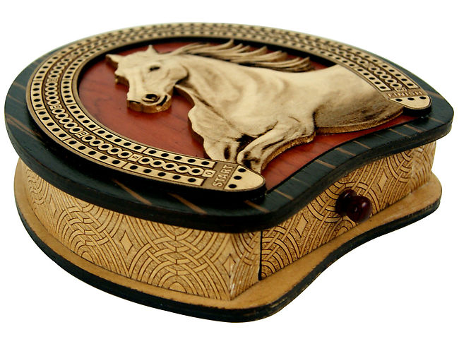 Horse Figure Inlaid Cribbage Board Horse Shoe Design Bloodwood