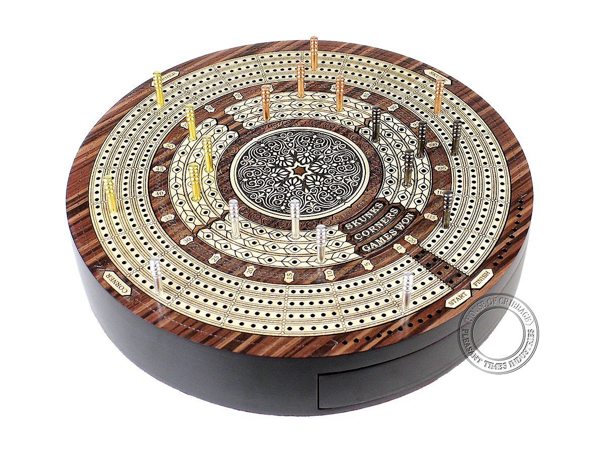 Round Shape 4 Tracks Continuous Cribbage Board Rosewood Maple With