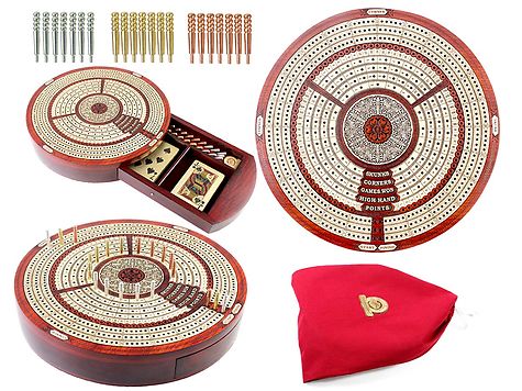 10" Round Shape 3 Tracks Continuous Cribbage Board and box in Bloodwood / Maple with Score marking fields for Skunks, Corners, Won Games, High Hand and Points