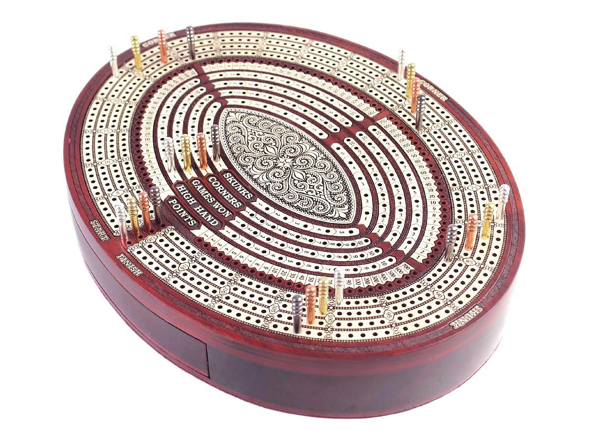 11 6 Oval Shape 4 Tracks Continuous Cribbage Board Box Bloodwood