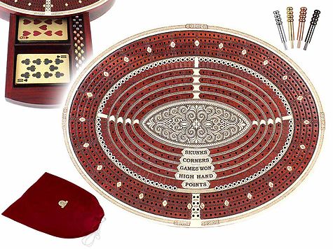 Oval Shape 4 Tracks Continuous Cribbage Board & Box in Maple / Bloodwood with Skunks, Corners, Won Games, High Hand & Points
