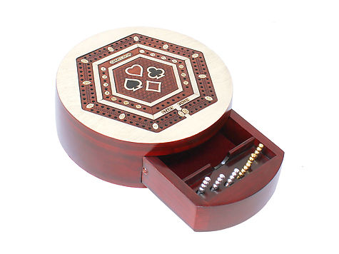 2 Track Hexagonal Shape 5.5 inches Cribbage Board - Push Drawer Storage for Pegs and Cards with Score Marking Fields for Won Games in Maple Wood / Blood Wood