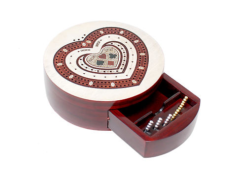 2 Track Heart Shape 5.5 inches Cribbage Board - Push Drawer Storage for Pegs and Cards with Score Marking Fields for Won Games in Maple Wood / Blood Wood