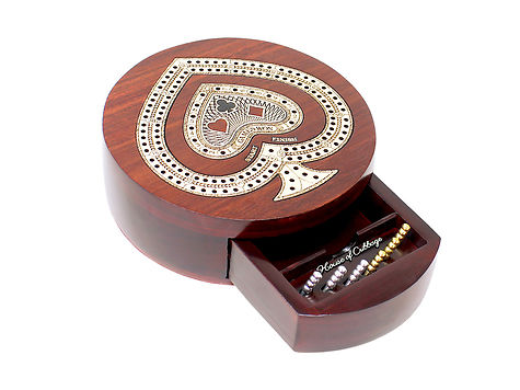 2 Track Spade Shape 5.5 inches Cribbage Board - Push Drawer Storage for Pegs and Cards with Score Marking Fields for Won Games in Blood Wood / Maple Wood