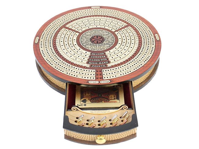 Round Shape 3 Tracks Continuous Cribbage Board And Box In