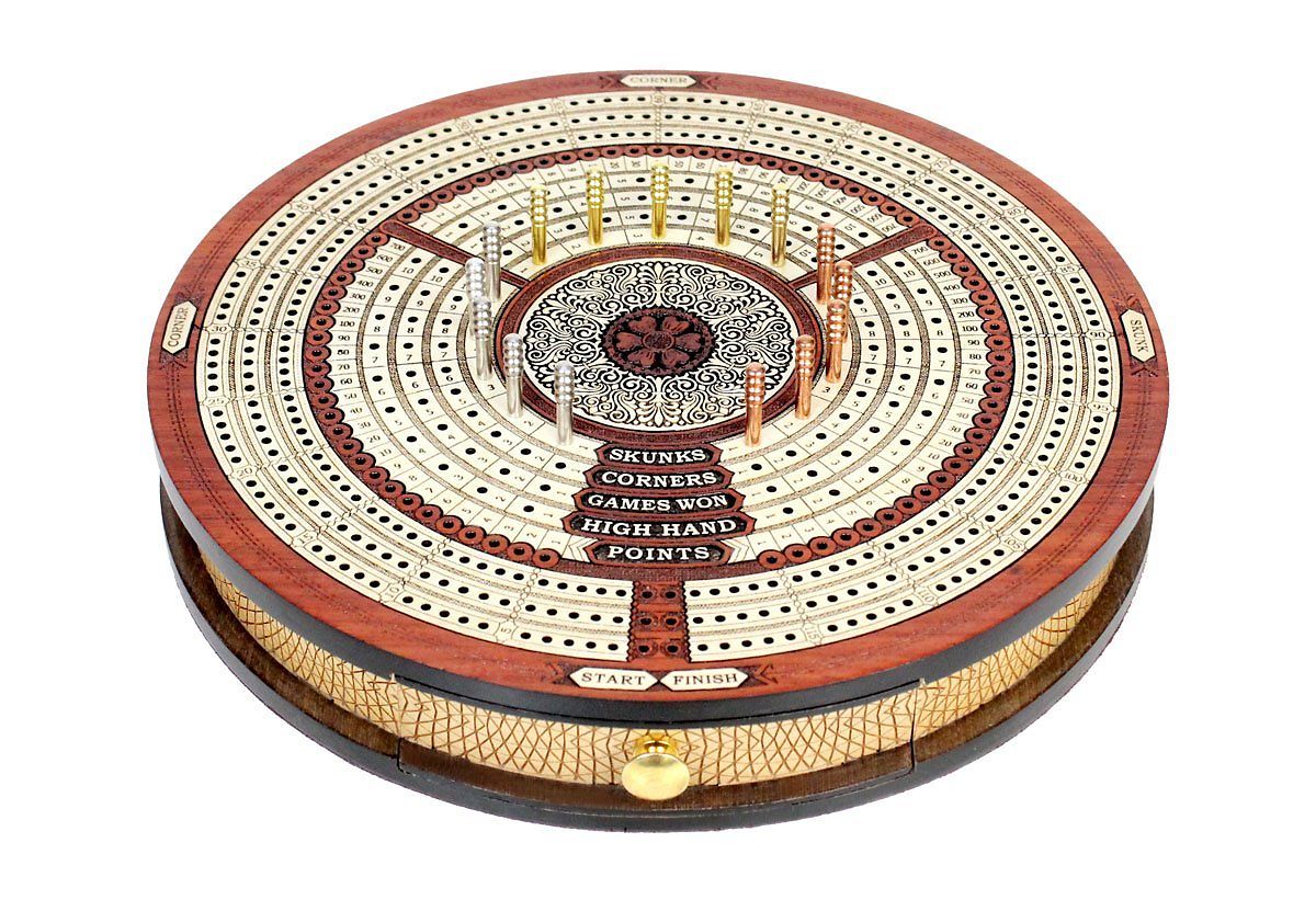 Round Shape 3 Tracks Continuous Cribbage Board in Bloodwood+Skunks & Corners 10" 
