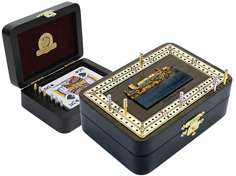 Alcatraz Island Wood Carved Inlaid Folding Cribbage Board / Box Wenge Wood / Maple - 2 Tracks
