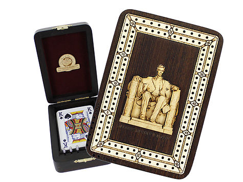 Abrahim Lincoln Statue Wood Carved Inlaid Folding Cribbage Board / Box Wenge Wood / Maple - 2 Tracks