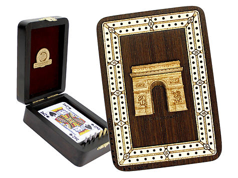 Arc De Triomphe Wood Carved Inlaid Folding Cribbage Board / Box Wenge Wood / Maple - 2 Tracks