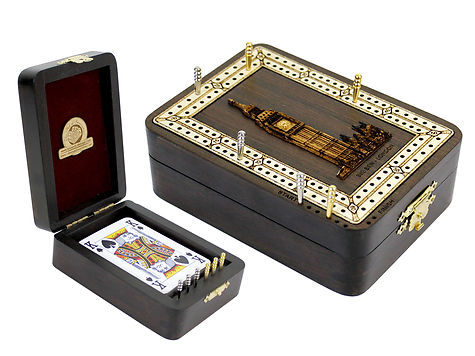 Big Ben Wood Carved Inlaid Folding Cribbage Board / Box Wenge Wood / Maple - 2 Tracks