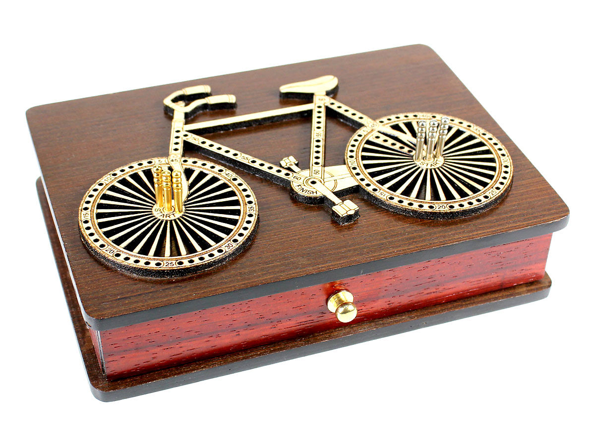 Maple 2 Tracks in Wenge Wood Bicycle Shaped Themed Cribbage Board Box Drawer 