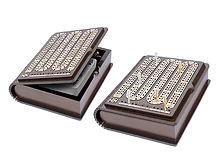 Alphabet M design 2 Tracks Book Shape Continuous Cribbage Board with storage of pegs and cards